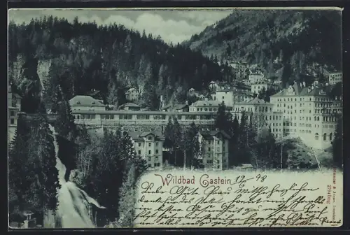 AK Bad Gastein, Ortspanorama mit Wasserfall