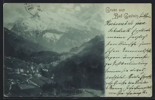 Mondschein-AK Bad Gastein, Ortsansicht mit Tal und Bergen aus der Vogelschau