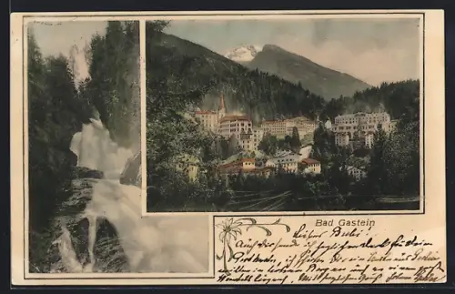 AK Bad Gastein, Ortsansicht und Wasserfall