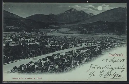 Mondschein-AK Innsbruck, Gesamtansicht mit Brücke und Bergpanorama