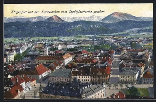 AK Klagenfurt, Totalansicht mit Karawanken vom Stadtpfarrturm aus