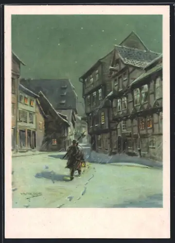 Künstler-AK Alt-Halberstadt, Winternacht an der Woort, Nachtwächter