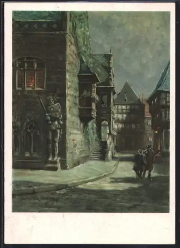 Künstler-AK Halberstadt, Mondnacht a. Holzmarkt