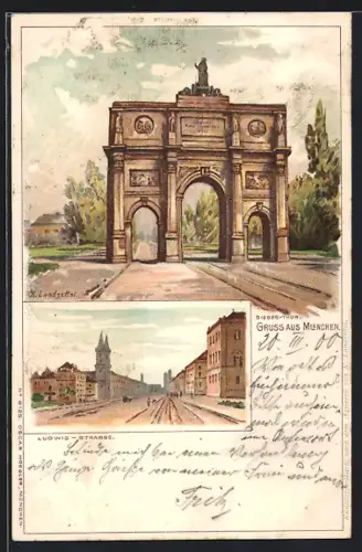 Lithographie München, Siegestor, Ludwigstrasse