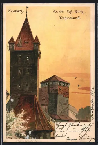Lithographie Nürnberg, An der Kgl. Burg, Luginsland