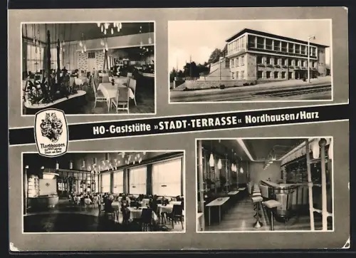 AK Nordhausen /Harz, HO-Gaststätte Stadt-Terrasse, Innenansichten, Aussenansicht