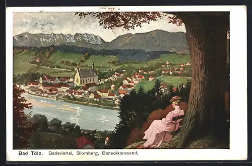 Künstler-AK Bad Tölz, Badeviertel, Blomberg, Benediktenwand