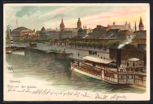 AK Mainz, Blick von der Brücke auf Uferpromenade und Stadtpanorama