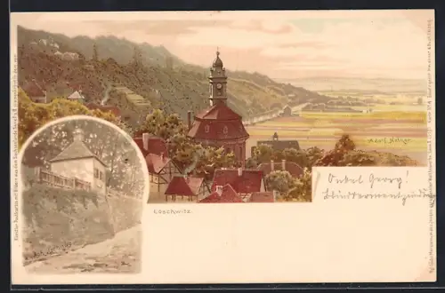Lithographie Dresden-Loschwitz, Teilansicht des Ortes, Schillerhaus