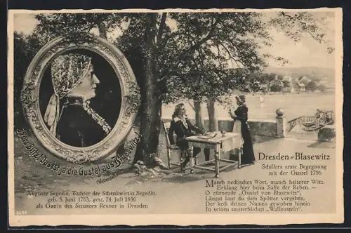 AK Dresden-Blasewitz, Grossgaststätte Schiller-Garten, Schiller und die Schenkwirtin Gustel Segedin 1786