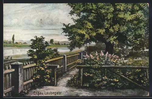 Künstler-AK Dresden-Laubegast, Gasthof Engau, Garten