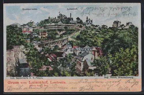 Seiden-Imitations-AK Dresden-Weisser Hirsch, Drahtseilbahn zum Gasthaus Luisenhof