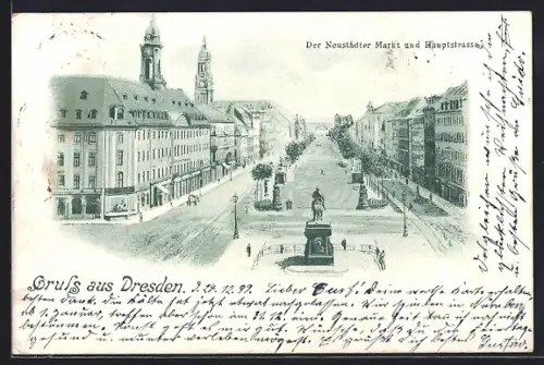 AK Dresden-Neustadt, Neustädter Markt & Hauptstrasse, Denkmal
