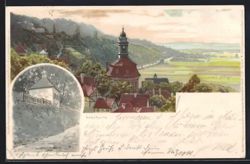 Lithographie Dresden-Loschwitz, Teilansicht des Ortes, Schillerhaus