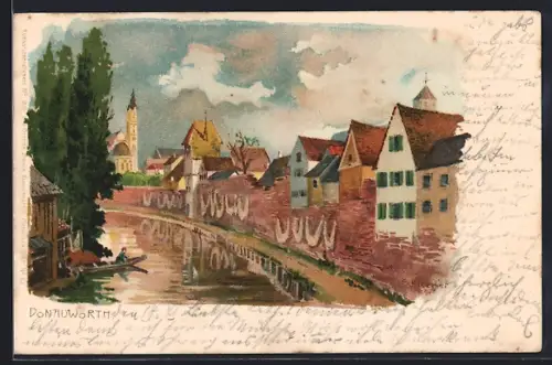 AK Donauwörth, Blick auf Uferseite mit Häuserzeile und Boot