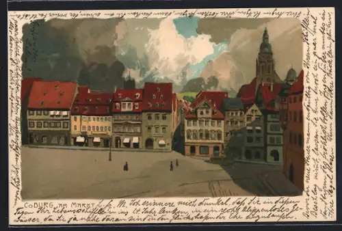 Lithographie Coburg, Partie am Markt