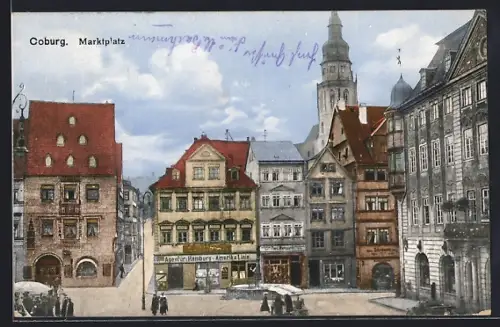 AK Coburg, Marktplatz mit Agentur der Hamburg-Amerika-Linie