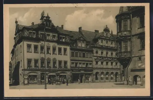AK Coburg, Ecke vom Marktplatz mit E. Riemann`scher Hofbuchhandlung u. Schuhwaren-Haus Stern