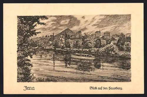 Künstler-AK Jena, Blick auf den Hausberg, Federzeichnung v. Rudi Müllers