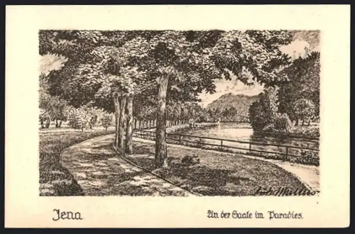 Künstler-AK sign. Rudi Müllers: Jena, An der Saale im Paradies