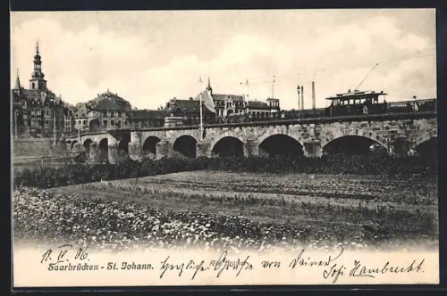 AK Saarbrücken-St. Johann, Teilansicht mit Brücke und Strassenbahn