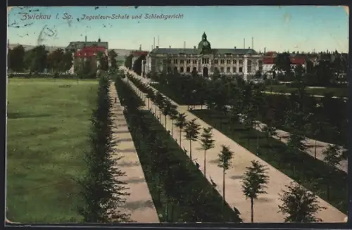 AK Zwickau i. Sa., Ingenieur-Schule und Schiedsgericht mit Parkanlage