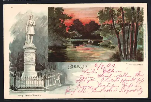 Lithographie Berlin-Tiergarten, König Friedrich Wilhelm III., Thiergarten
