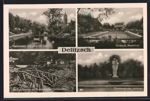 AK Delitzsch, Kurpark mit Rosarium, Promenade mit Breitem Turm, Heiligbrunnen