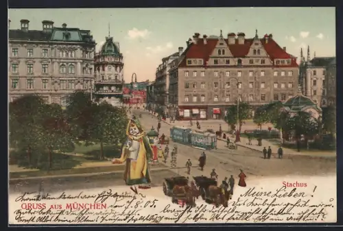 AK München, Blick auf den Stachus Münchner Kindl und Strassenbahn