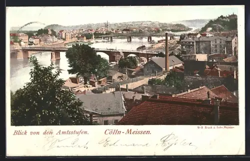 AK Cölln-Meissen, Blick von den Amtsstufen auf Elbe und Brücken
