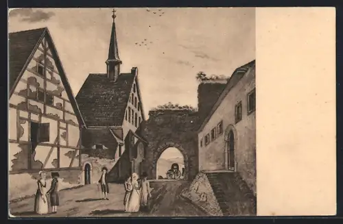 Künstler-AK Meissen / Elbe, Wassertor, Jacobskapelle, ehemalige Stadttore