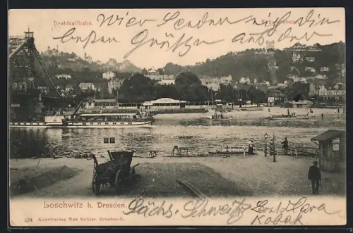 AK Loschwitz b. Dresden, Drahtseilbahn, Schiffsanleger, Elbansicht