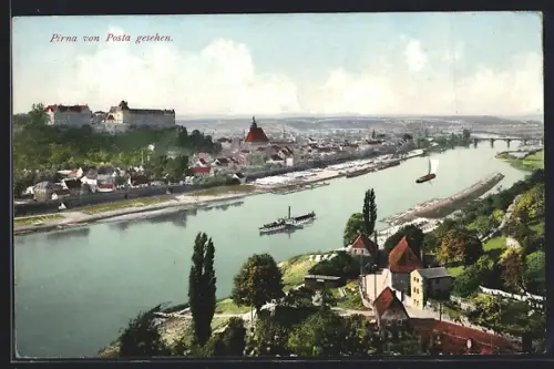 AK Pirna, Elbblick von Posta mit Schloss und Stadtpanorama