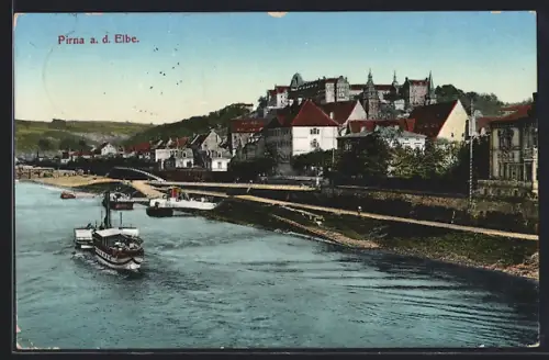 AK Pirna a. d. Elbe, Stadtansicht mit Elbe und Schloss