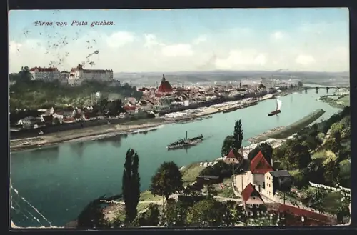 AK Pirna, Stadtansicht von Posta mit Elbe