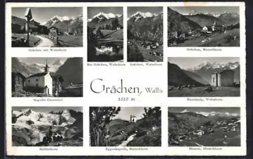 AK Grächen /Wallis, Bietschhorn, Hennigalp u. Weisshorn, Kapelle Gasenried