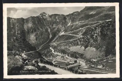 AK Gletsch, Panorama mit Grimselstrasse