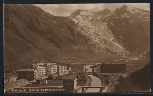 AK Gletsch /Furkabahn, Panorama mit Rhonegletscher
