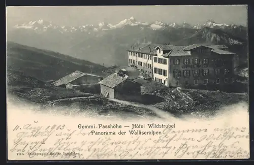 AK Lenk, Hotel Wildstrubel mit, Panorama der Walliseralpen