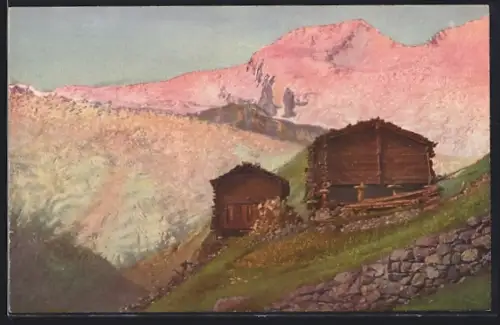 AK Saas-Fee, Ortspartie mit Alphubel mit Feegletscher