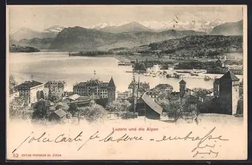 AK Luzern, Panorama mit Hotel und den Alpen