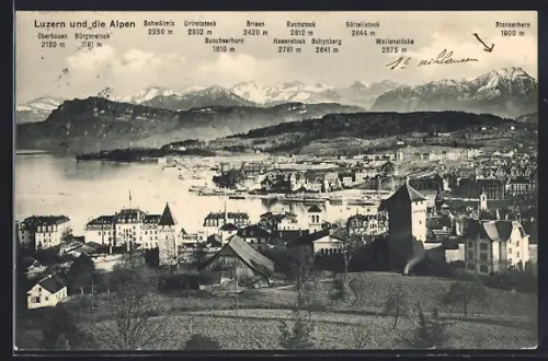 AK Luzern, Teilansicht und die Alpen: Schynberg, Ruchstock und Brisen