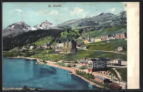 AK St. Moritz, Ortsansicht mit dem Bahnhof und Hotel Bahnhof