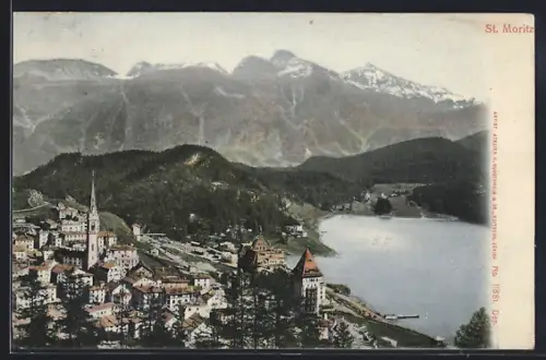 AK St. Moritz, Blick auf den Ort, die Berge und das Wasser