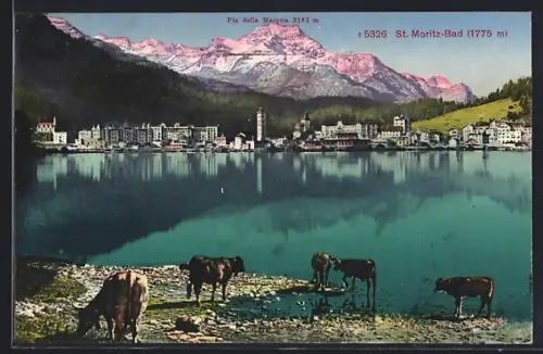 AK St. Moritz-Bad, Ortspartie mit See und Bergen