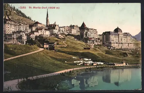 AK St. Moritz-Dorf, Hotel mit Uferpartie
