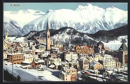 AK St. Moritz, verschneite Ortsansicht mit Kirche