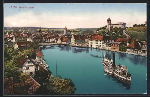AK Schaffhausen, Uferpartie mit Burg und Dampfer
