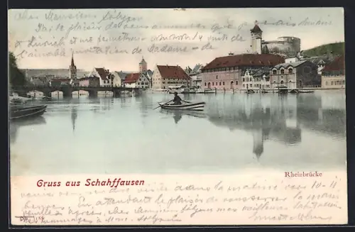 AK Schaffhausen, Rheinbrücke mit Blick zur Burg