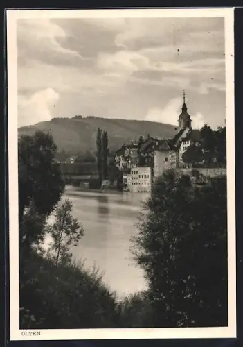 AK Olten, Ortsansicht über den Fluss mit gedeckter Brücke